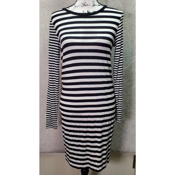 Michael Kors T Shirt Dress Women XS Black Striped Viscose Long Sleeve Round Neck - Picture 1 of 10